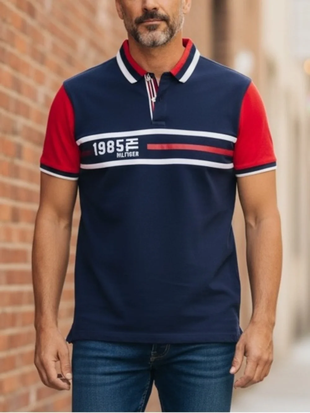TOMMY HILFIGER Retro Vintage Inspired Logo Graphic Polo 1985 Red White Blue XXL